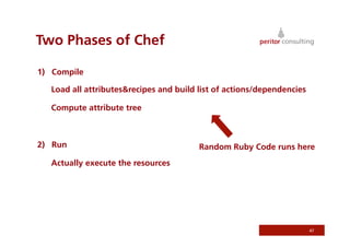 Two Phases of Chef
1) Compile
Load all attributesrecipes and build list of actions/dependencies
Compute attribute tree
2) Run
Actually execute the resources
47
Random Ruby Code runs here
 