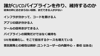 誰がCI/CDパイプラインを作り、維持するのか
従来の枠におさまらない役割、まだできる人が少ない
インフラが分かって、コードを書ける人
アプリの話が分かる人
ツールの目利きができる人
パイプラインの開発だけではなく維持も
SREを組織化し、そこで担当するケースも増えている
受託開発との相性は微妙 (エンドユーザーの内製中心 + 委任 はある)
 