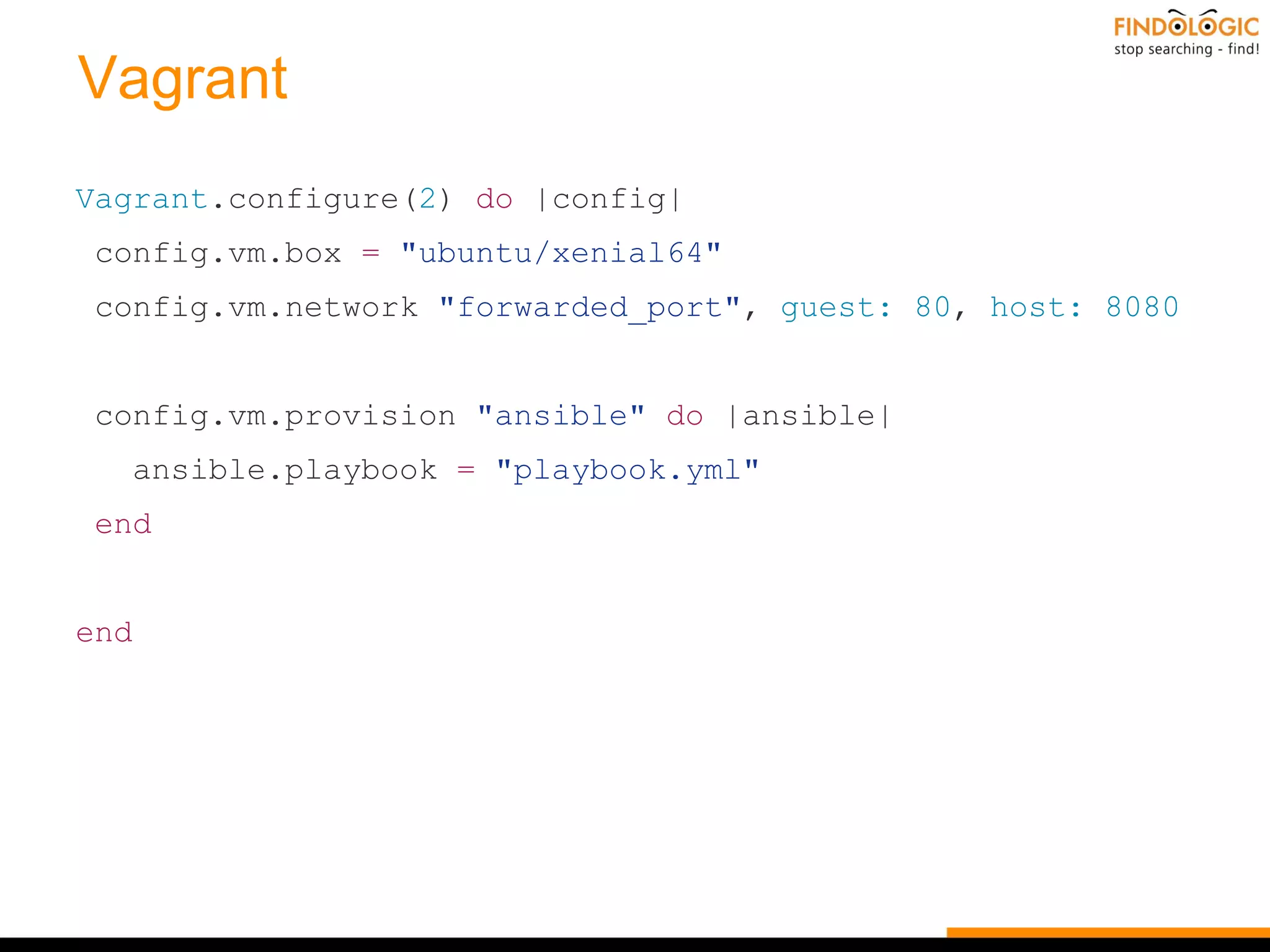 Vagrant
Vagrant.configure(2) do |config|
config.vm.box = "ubuntu/xenial64"
config.vm.network "forwarded_port", guest: 80, host: 8080
config.vm.provision "ansible" do |ansible|
ansible.playbook = "playbook.yml"
end
end
 