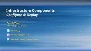 Infrastructure Components
Configure & Deploy

Fabrizio Volpe
MVP Directory Services

    @Fabriziovlp

    Fabrizio.volpe@gmx.com


    http://www.linkedin.com/in/fabriziov
 