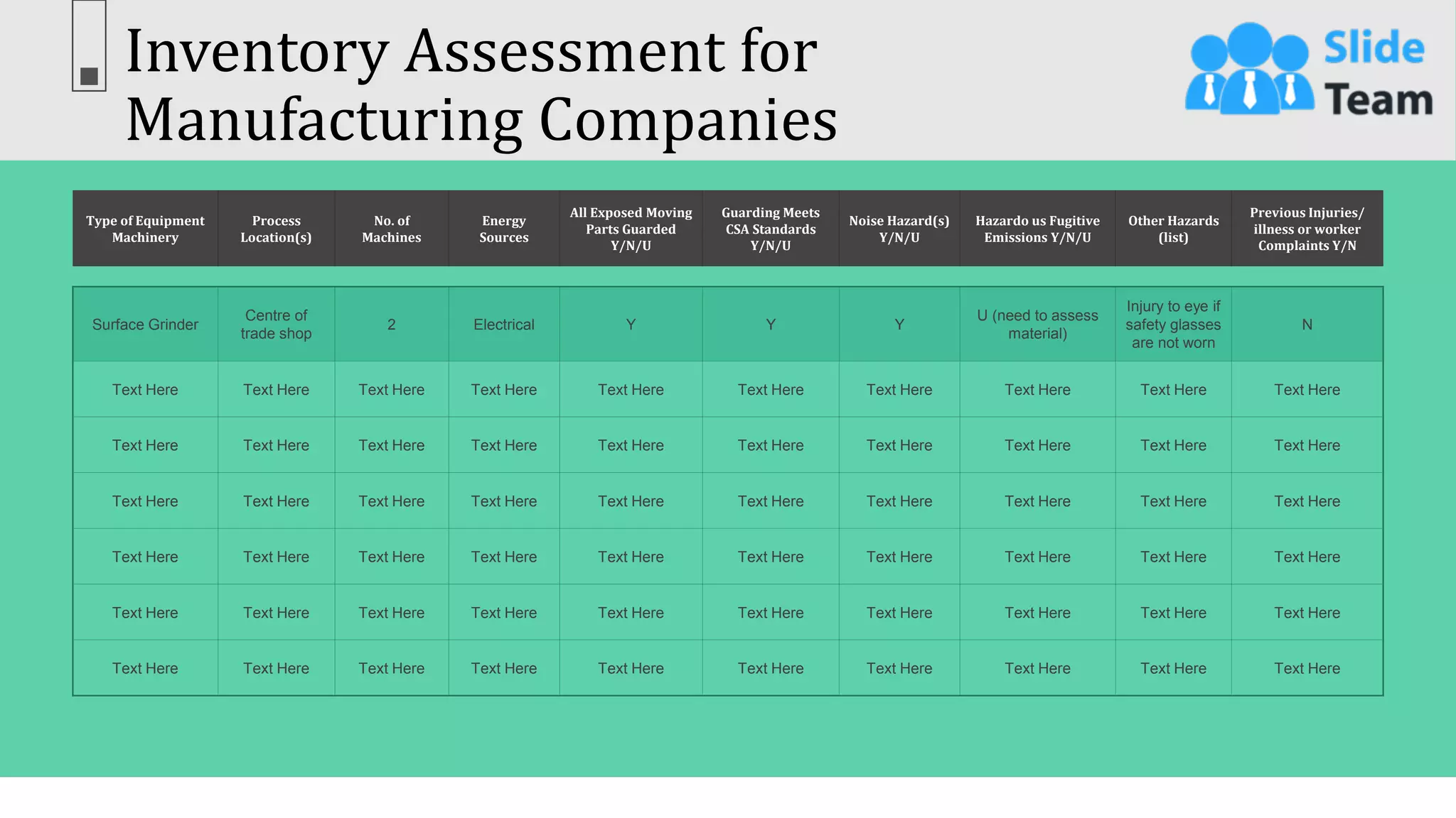 Inventory Assessment for
Manufacturing Companies
16
This slide is 100% editable. Adapt it to your needs & capture your audience’s attention.
Type of Equipment
Machinery
Process
Location(s)
No. of
Machines
Energy
Sources
All Exposed Moving
Parts Guarded
Y/N/U
Guarding Meets
CSA Standards
Y/N/U
Noise Hazard(s)
Y/N/U
Hazardo us Fugitive
Emissions Y/N/U
Other Hazards
(list)
Previous Injuries/
illness or worker
Complaints Y/N
Surface Grinder
Centre of
trade shop
2 Electrical Y Y Y
U (need to assess
material)
Injury to eye if
safety glasses
are not worn
N
Text Here Text Here Text Here Text Here Text Here Text Here Text Here Text Here Text Here Text Here
Text Here Text Here Text Here Text Here Text Here Text Here Text Here Text Here Text Here Text Here
Text Here Text Here Text Here Text Here Text Here Text Here Text Here Text Here Text Here Text Here
Text Here Text Here Text Here Text Here Text Here Text Here Text Here Text Here Text Here Text Here
Text Here Text Here Text Here Text Here Text Here Text Here Text Here Text Here Text Here Text Here
Text Here Text Here Text Here Text Here Text Here Text Here Text Here Text Here Text Here Text Here
 