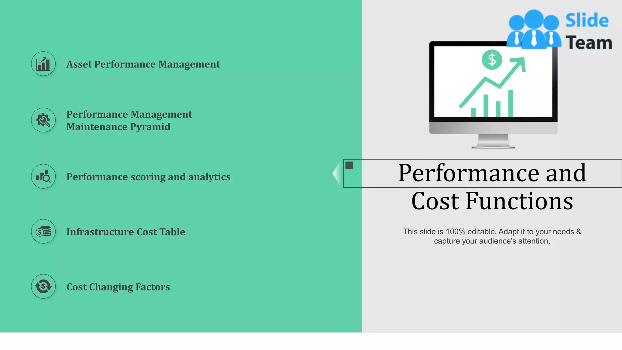 27
Performance and
Cost Functions
This slide is 100% editable. Adapt it to your needs &
capture your audience’s attention.
Asset Performance Management
Performance Management
Maintenance Pyramid
Performance scoring and analytics
Cost Changing Factors
Infrastructure Cost Table
 
