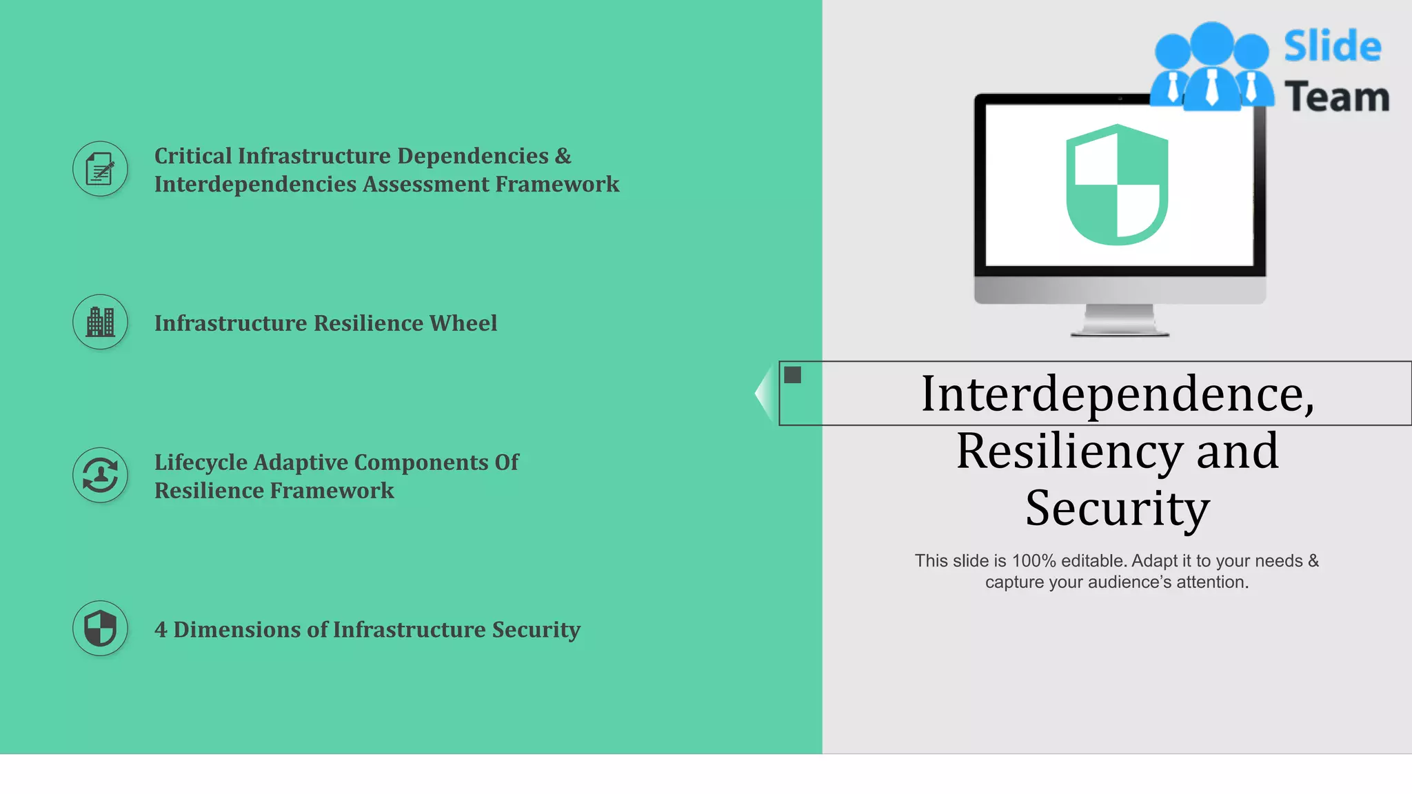 33
Interdependence,
Resiliency and
Security
This slide is 100% editable. Adapt it to your needs &
capture your audience’s attention.
Critical Infrastructure Dependencies &
Interdependencies Assessment Framework
Lifecycle Adaptive Components Of
Resilience Framework
4 Dimensions of Infrastructure Security
Infrastructure Resilience Wheel
 