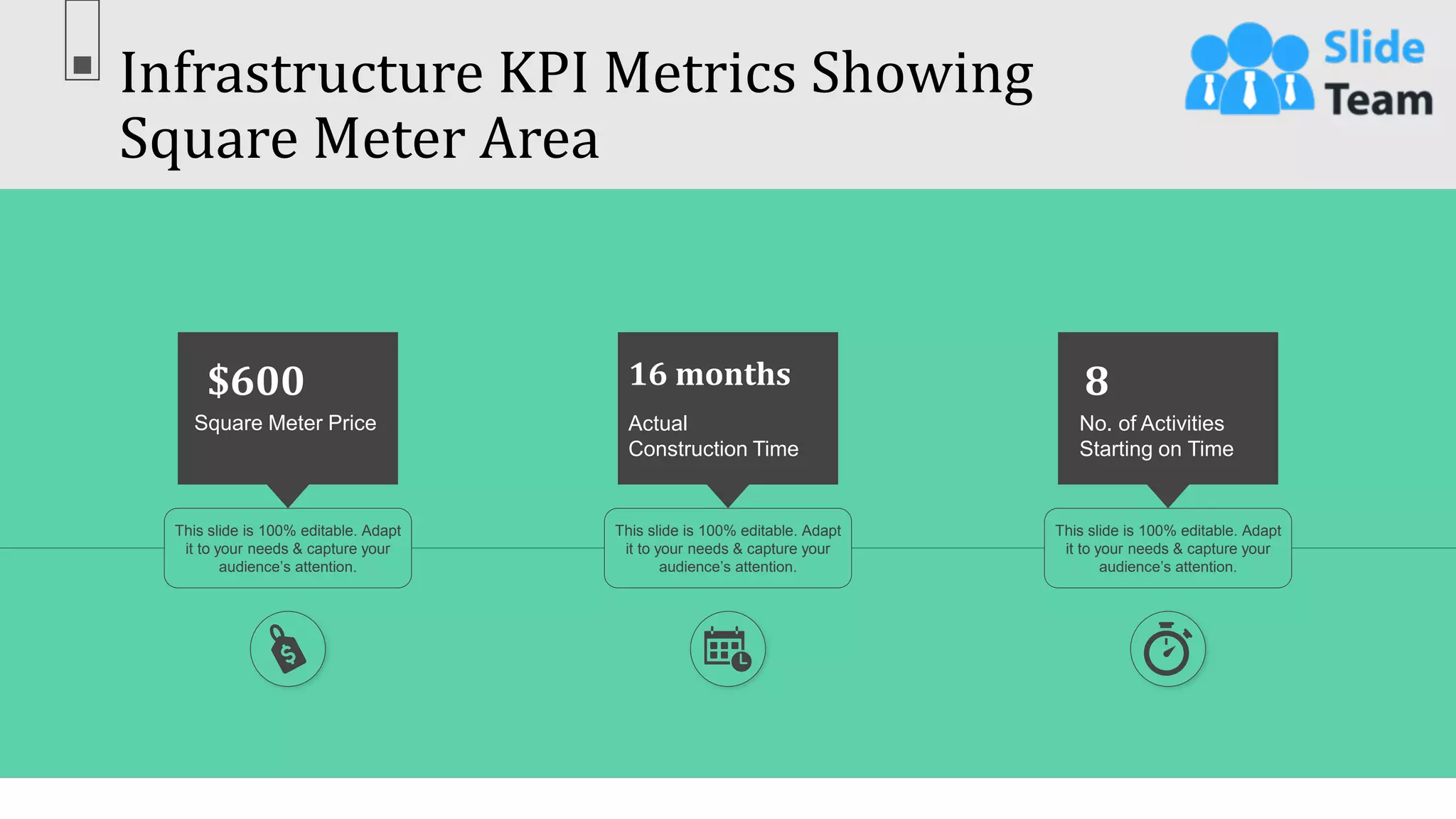 Infrastructure KPI Metrics Showing
Square Meter Area
56
$600
Square Meter Price
This slide is 100% editable. Adapt
it to your needs & capture your
audience’s attention.
16 months
Actual
Construction Time
This slide is 100% editable. Adapt
it to your needs & capture your
audience’s attention.
8
No. of Activities
Starting on Time
This slide is 100% editable. Adapt
it to your needs & capture your
audience’s attention.
 