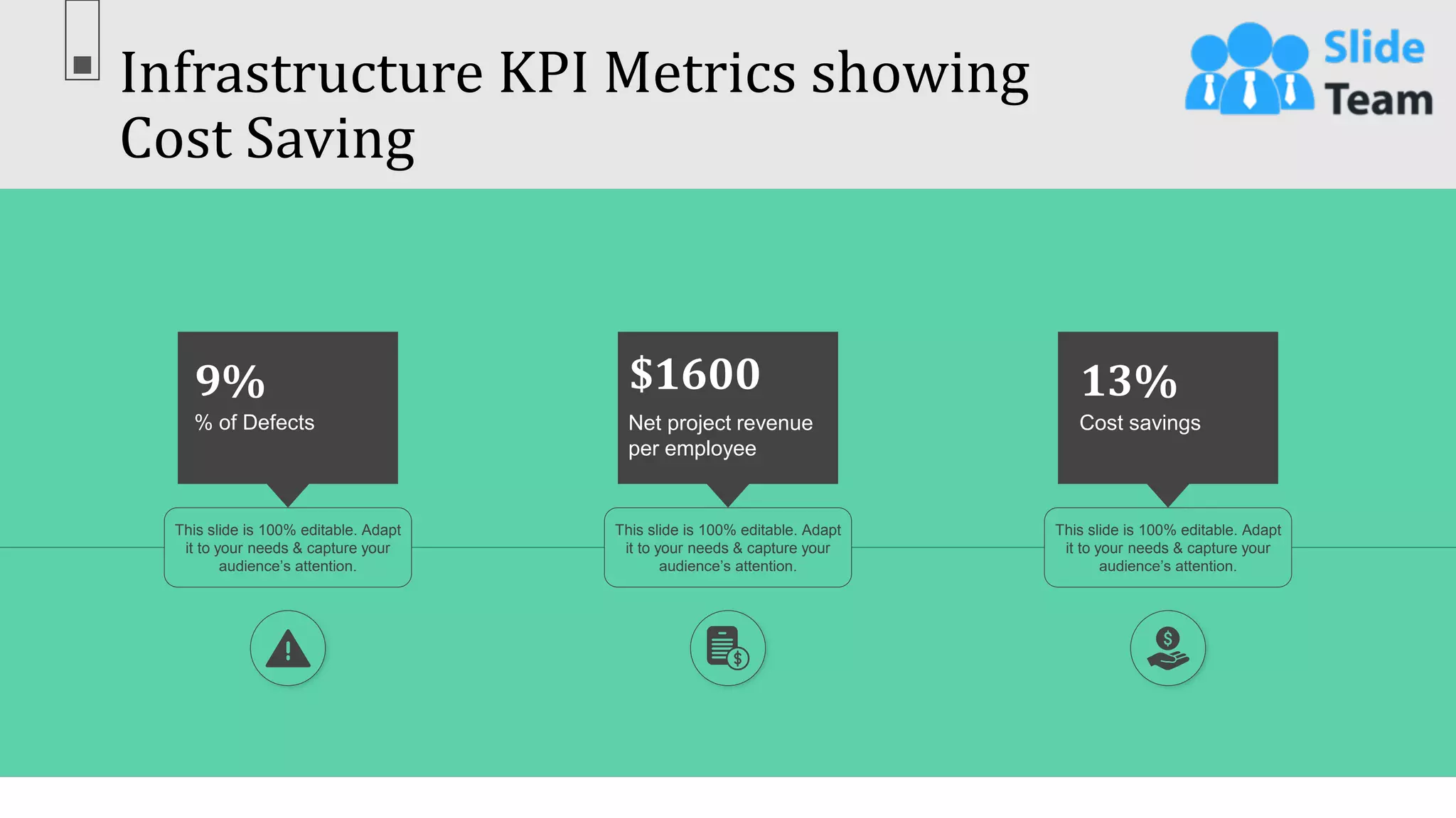 Infrastructure KPI Metrics showing
Cost Saving
57
9%
% of Defects
This slide is 100% editable. Adapt
it to your needs & capture your
audience’s attention.
$1600
Net project revenue
per employee
This slide is 100% editable. Adapt
it to your needs & capture your
audience’s attention.
13%
Cost savings
This slide is 100% editable. Adapt
it to your needs & capture your
audience’s attention.
 