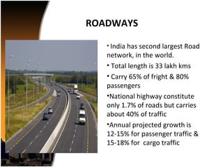ROADWAYS

   • India has second largest Road
   network, in the world.
   • Total length is 33 lakh kms
   • Carry 65% of fright & 80%
   passengers
   •National highway constitute
   only 1.7% of roads but carries
   about 40% of traffic
   •Annual projected growth is
   12-15% for passenger traffic &
   15-18% for cargo traffic
 