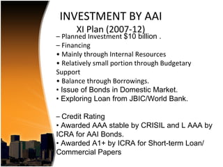 INVESTMENT BY AAI
      XI Plan (2007-12)
– Planned Investment $10 billion .
– Financing
• Mainly through Internal Resources
• Relatively small portion through Budgetary
Support
• Balance through Borrowings.
• Issue of Bonds in Domestic Market.
• Exploring Loan from JBIC/World Bank.

– Credit Rating
• Awarded AAA stable by CRISIL and L AAA by
ICRA for AAI Bonds.
• Awarded A1+ by ICRA for Short‐term Loan/
Commercial Papers
 
