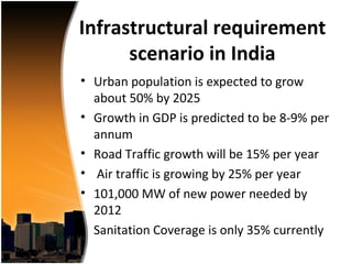 Infrastructural requirement
      scenario in India
• Urban population is expected to grow
  about 50% by 2025
• Growth in GDP is predicted to be 8-9% per
  annum
• Road Traffic growth will be 15% per year
• Air traffic is growing by 25% per year
• 101,000 MW of new power needed by
  2012
• Sanitation Coverage is only 35% currently
 