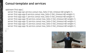 Consul-template and services
upstream first-app {
server first-app-api.service.consul max_fails=3 fail_timeout=60 weight=1;
server first-app-app-0.service.consul max_fails=3 fail_timeout=60 weight=1;
server first-app-app-1.service.consul max_fails=3 fail_timeout=60 weight=1;
server first-app-app-10.service.consul max_fails=3 fail_timeout=60 weight=1;
server first-app-app-12.service.consul max_fails=3 fail_timeout=60 weight=1;
server first-app-app-13.service.consul max_fails=3 fail_timeout=60 weight=1;
server first-app-app-16.service.consul max_fails=3 fail_timeout=60 weight=1;
.....
}
 