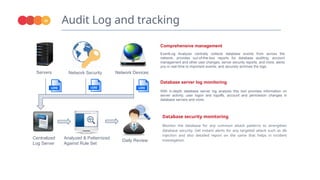 Audit Log and tracking
26
Servers Network Security Network Devices
Centralized
Log Server
Analyzed & Patternized
Against Rule Set
Daily Review
Database server log monitoring
With in-depth database server log analysis this tool provides information on
server activity, user logon and logoffs, account and permission changes in
database servers and more.
Database security monitoring
Monitor the database for any common attack patterns to strengthen
database security. Get instant alerts for any targeted attack such as db
injection and also detailed report on the same that helps in incident
investigation.
Comprehensive management
EventLog Analyzer centrally collects database events from across the
network, provides out-of-the-box reports for database auditing, account
management and other user changes, server security reports, and more, alerts
you in real-time to important events, and securely archives the logs.
 