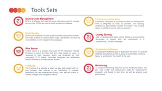 Tools Sets
4
Lorem Ipsum is
simply dummy text
of the printing and
Lorem Ipsum is simply
text of the printing
and
SURVEY
COMMUNICAE
Lorem Ipsum is
simply dummy text
of the printing and
Source Code Management
SCM is a software tool used by teams of programmers to manage
source code. SCMs are used to track revisions in software.
Continuous Integration
Continuous integration is a process in which all development
work is integrated as early as possible. The resulting
artifacts are automatically created and tested. This process
allows to identify errors as early as possible.
Code Quality
continuous inspection of code quality to perform automatic reviews
with static analysis of code to detect bugs, code smells, and security
vulnerabilities on 20+ programming languages.
Quality Testing
web UI development teams where testing is conducted by
developers or testers who are well-versed in a
programming / scripting language.
Web Server
A Web server is a program that uses HTTP (Hypertext Transfer
Protocol) to serve the files that form Web pages to users, in
response to their requests, which are forwarded by their
computers' HTTP clients. Dedicated computers and appliances
may be referred to as Web servers as well.
Application Software
An application software (app or application for short) is Computer
software designed to perform a group of coordinated functions,
tasks, or activities for the benefit of the user.
Frontend
The frontend of a website is what you see and interact with on
your browser. Also referred to as “client-side”, it includes
everything the user experiences directly: from text and colors to
buttons, images, and navigation menus.
Monitoring
To visualize monitoring data from across the Elastic Stack. You
can view health and performance data for Elasticsearch,
Logstash, and Beats in real time, as well as analyze past
performance.
 
