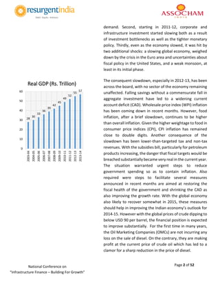 Page 2 of 52National Conference on
“Infrastructure Finance – Building For Growth”
demand. Second, starting in 2011-12, corporate and
infrastructure investment started slowing both as a result
of investment bottlenecks as well as the tighter monetary
policy. Thirdly, even as the economy slowed, it was hit by
two additional shocks: a slowing global economy, weighed
down by the crisis in the Euro area and uncertainties about
fiscal policy in the United States, and a weak monsoon, at
least in its initial phase.
The consequent slowdown, especially in 2012-13, has been
across the board, with no sector of the economy remaining
unaffected. Falling savings without a commensurate fall in
aggregate investment have led to a widening current
account deficit (CAD). Wholesale price index (WPI) inflation
has been coming down in recent months. However, food
inflation, after a brief slowdown, continues to be higher
than overall inflation. Given the higher weightage to food in
consumer price indices (CPI), CPI inflation has remained
close to double digits. Another consequence of the
slowdown has been lower-than-targeted tax and non-tax
revenues. With the subsidies bill, particularly for petroleum
products increasing, the danger that fiscal targets would be
breached substantially became very real in the current year.
The situation warranted urgent steps to reduce
government spending so as to contain inflation. Also
required were steps to facilitate several measures
announced in recent months are aimed at restoring the
fiscal health of the government and shrinking the CAD as
also improving the growth rate. With the global economy
also likely to recover somewhat in 2015, these measures
should help in improving the Indian economy’s outlook for
2014-15. However with the global prices of crude dipping to
below USD 90 per barrel, the financial position is expected
to improve substantially. For the first time in many years,
the Oil Marketing Companies (OMCs) are not incurring any
loss on the sale of diesel. On the contrary, they are making
profit at the current price of crude oil which has led to a
clamor for a sharp reduction in the price of diesel.
28
30
33
36
39
42
45
49
52
55
57
0
10
20
30
40
50
60
2003-04
2004-05
2005-06
2006-07
2007-08
2008-09
2009-10
2010-11
2011-12
2012-13
2013-14
Real GDP (Rs. Trillion)
 