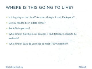 Eric Lubow @elubow #ddsea15
๏ Is this going on the cloud? Amazon, Google, Azure, Rackspace?
๏ Do you need to be in a data center?
๏ Are APIs important?
๏ What kind of distribution of services / fault tolerance needs to be
available?
๏ What kind of SLAs do you need to meet (100% uptime)?
WHERE IS THIS GOING TO LIVE?
 
