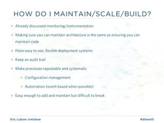 Eric Lubow @elubow #ddsea15
HOW DO I MAINTAIN/SCALE/BUILD?
๏ Already discussed monitoring/instrumentation
๏ Making sure you can maintain architecture is the same as ensuring you can
maintain code
๏ Have easy to use, flexible deployment systems
๏ Keep an audit trail
๏ Make processes repeatable and systematic
๏ Configuration management
๏ Automation (event based when possible)
๏ Easy enough to add and maintain but difficult to break
 