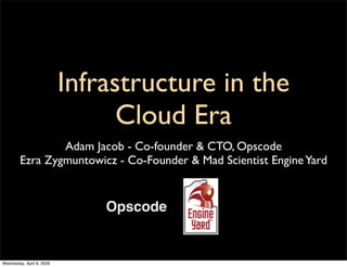 Infrastructure in the
                                 Cloud Era
                Adam Jacob - Co-founder & CTO, Opscode
        Ezra Zygmuntowicz - Co-Founder & Mad Scientist Engine Yard


                               Opscode


Wednesday, April 8, 2009
 