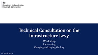 Technical Consultation on the
Infrastructure Levy
Workshop
Rate setting
Charging and paying the levy
17 April 2023
 