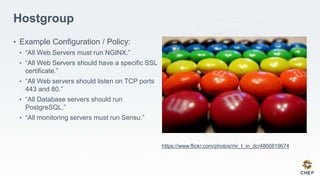 Hostgroup
• Example Configuration / Policy:
• “All Web Servers must run NGINX.”
• “All Web Servers should have a specific SSL
certificate.”
• “All Web servers should listen on TCP ports
443 and 80.”
• “All Database servers should run
PostgreSQL.”
• “All monitoring servers must run Sensu.”
https://www.flickr.com/photos/mr_t_in_dc/4800819674
 
