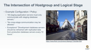 The Intersection of Hostgroup and Logical Stage
• Example Configuration / Policy:
• “All staging application servers must only
communicate with staging database
servers.”
• “No cross-stage communication may be
allowed.”
• Exceptions! “Development database servers
should be refreshed with replicated data
from production database servers every 72
hours.”
https://www.flickr.com/photos/collylogic/12620887894
 
