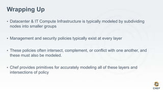Wrapping Up
• Datacenter & IT Compute Infrastructure is typically modeled by subdividing
nodes into smaller groups
• Management and security policies typically exist at every layer
• These policies often intersect, complement, or conflict with one another, and
these must also be modeled.
• Chef provides primitives for accurately modeling all of these layers and
intersections of policy
 