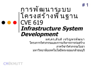 การพัฒนาระบบโครงสร้างพื้นฐาน   CVE 61 9   Infrastructure System Development ผศ . ดร . สันติ เจริญพรพัฒนา โครงการวิศวกรรมและการบริหารการก่อสร้าง ภาควิชาวิศวกรรมโยธา มหาวิทยาลัยเทคโนโลยีพระจอมเกล้าธนบุรี #  1 