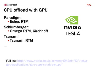 CPU offload with GPU
Paradigm:
•Echos RTM
Schlumberger:
•Omega RTM, Kirchhoff
Tsunami:
•Tsunami RTM
…
15
Full list: http://www.nvidia.co.uk/content/EMEAI/PDF/tesla-
gpu-applications/gpu-apps-catalog-eu.pdf
 