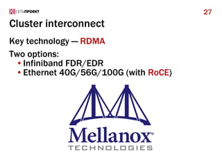 Cluster interconnect
Key technology — RDMA
Two options:
•Infiniband FDR/EDR
•Ethernet 40G/56G/100G (with RoCE)
27
 