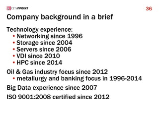 Company background in a brief
Technology experience:
•Networking since 1996
•Storage since 2004
•Servers since 2006
•VDI since 2010
•HPC since 2014
Oil & Gas industry focus since 2012
•metallurgy and banking focus in 1996-2014
Big Data experience since 2007
ISO 9001:2008 certified since 2012
36
 