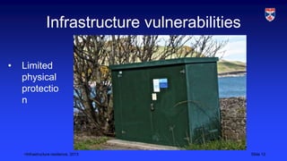 <Infrastructure resilience, 2013 Slide 12
Infrastructure vulnerabilities
• Limited
physical
protectio
n
 