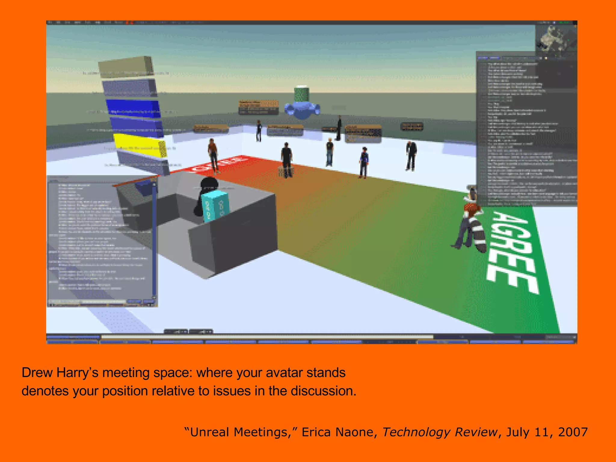 Drew Harry’s meeting space: where your avatar stands denotes your position relative to issues in the discussion. “ Unreal Meetings,” Erica Naone,  Technology Review , July 11, 2007  