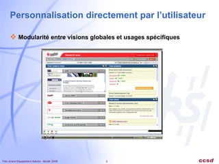 Personnalisation directement par l’utilisateur  Modularité entre visions globales et usages spécifiques  