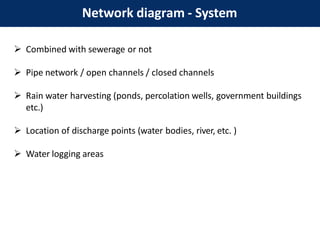 Network diagram - System
 Combined with sewerage or not
 Pipe network / open channels / closed channels
 Rain water harvesting (ponds, percolation wells, government buildings
etc.)
 Location of discharge points (water bodies, river, etc. )
 Water logging areas
 