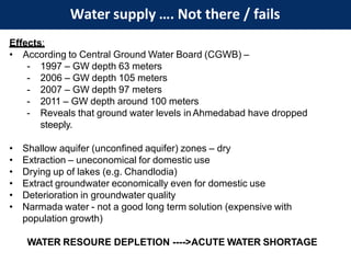 Water supply …. Not there / fails
Effects:
• According to Central Ground Water Board (CGWB) –
- 1997 – GW depth 63 meters
- 2006 – GW depth 105 meters
- 2007 – GW depth 97 meters
- 2011 – GW depth around 100 meters
- Reveals that ground water levels in Ahmedabad have dropped
steeply.
• Shallow aquifer (unconfined aquifer) zones – dry
• Extraction – uneconomical for domestic use
• Drying up of lakes (e.g. Chandlodia)
• Extract groundwater economically even for domestic use
• Deterioration in groundwater quality
• Narmada water - not a good long term solution (expensive with
population growth)
WATER RESOURE DEPLETION ---->ACUTE WATER SHORTAGE
 