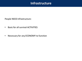 People NEED infrastructure:
• Basic for all survival ACTIVITIES
• Necessary for any ECONOMY to function
Infrastructure
 