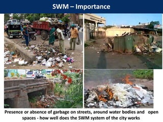 SWM – Importance
Presence or absence of garbage on streets, around water bodies and open
spaces - how well does the SWM system of the city works
 