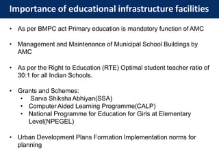 • As per BMPC act Primary education is mandatory function of AMC
• Management and Maintenance of Municipal School Buildings by
AMC
• As per the Right to Education (RTE) Optimal student teacher ratio of
30:1 for all Indian Schools.
• Grants and Schemes:
• Sarva ShikshaAbhiyan(SSA)
• Computer Aided Learning Programme(CALP)
• National Programme for Education for Girls at Elementary
Level(NPEGEL)
• Urban Development Plans Formation Implementation norms for
planning
Importance of educational infrastructure facilities
 