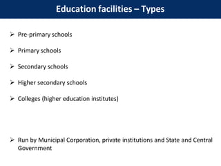 Education facilities – Types
 Pre-primary schools
 Primary schools
 Secondary schools
 Higher secondary schools
 Colleges (higher education institutes)
 Run by Municipal Corporation, private institutions and State and Central
Government
 