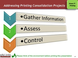 Green IT -
Addressing Printing Consolidation Projects                                                                                    Printing




     Your Text here                                                                            Your Text here




     P Please think of the environment before printing this presentation
        Shahar Maor’s work Copyright 2009 @STKI Do not remove source or attribution from any graphic or portion of graphic          147
 