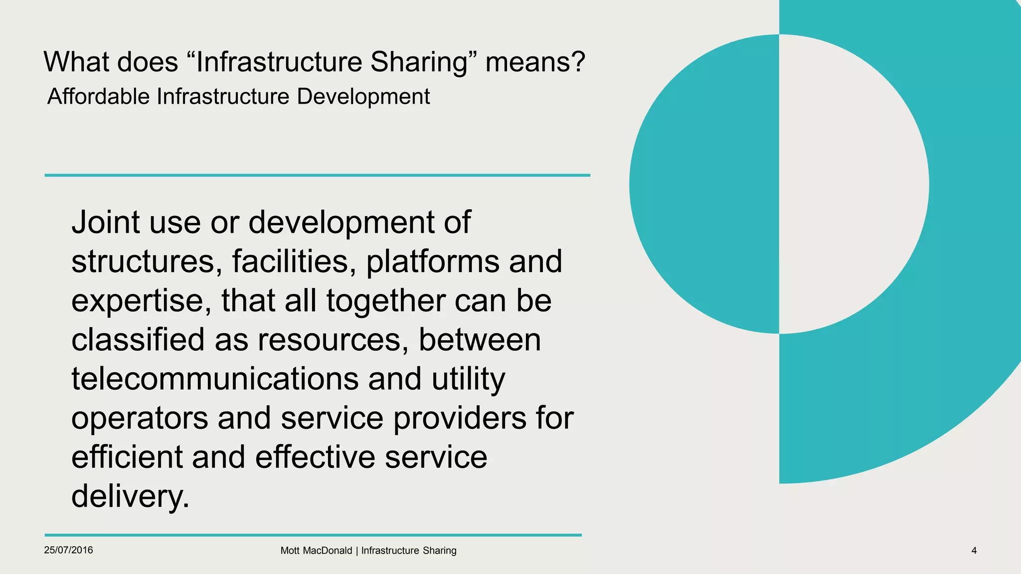 25/07/2016 4
Joint use or development of
structures, facilities, platforms and
expertise, that all together can be
classified as resources, between
telecommunications and utility
operators and service providers for
efficient and effective service
delivery.
What does “Infrastructure Sharing” means?
Affordable Infrastructure Development
Mott MacDonald | Infrastructure Sharing
 