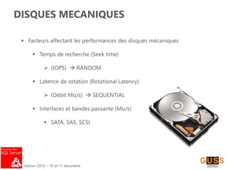 Edition 2012 – 10 et 11 décembre
DISQUES MECANIQUES
 Facteurs affectant les performances des disques mécaniques
 Temps de recherche (Seek time)
 (IOPS)  RANDOM
 Latence de rotation (Rotational Latency)
 (Débit Mo/s)  SEQUENTIAL
 Interfaces et bandes passante (Mo/s)
 SATA, SAS, SCSI
 