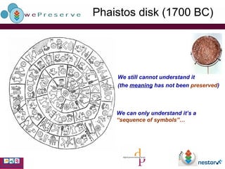 Phaistos disk (1700 BC) We still cannot understand it (the  meaning  has not been  preserved ) We can only understand it’s a  “sequence of symbols”… 