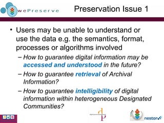Preservation Issue 1 Users may be unable to understand or use the data e.g. the semantics, format, processes or algorithms involved How to guarantee digital information may be  accessed and understood  in the future? How to guarantee  retrieval  of Archival Information? How to guarantee  intelligibility  of digital information within heterogeneous Designated Communities? 