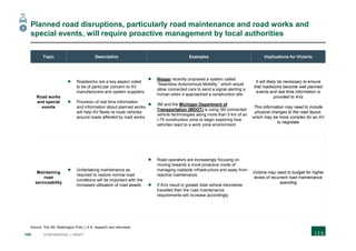 100 CONFIDENTIAL | DRAFT
Planned road disruptions, particularly road maintenance and road works and
special events, will require proactive management by local authorities
Topic Description Examples Implications for Victoria
Road works
and special
events
 Roadworks are a key aspect noted
to be of particular concern to AV
manufacturers and system suppliers
 Provision of real time information
and information about planned works
will help AV fleets re-route vehicles
around roads affected by road works
 Nissan recently proposed a system called
“Seamless Autonomous Mobility,” which would
allow connected cars to send a signal alerting a
human when it approached a construction site
 3M and the Michigan Department of
Transportation (MDOT) is using 3M connected
vehicle technologies along more than 5 km of an
I-75 construction zone to begin exploring how
vehicles react to a work zone environment
It will likely be necessary to ensure
that roadworks become well planned
events and real time information is
provided to AVs
This information may need to include
physical changes to the road layout,
which may be more complex for an AV
to negotiate
Maintaining
road
serviceability
 Undertaking maintenance as
required to restore normal road
conditions will be important with the
increased utilisation of road assets
 Road operators are increasingly focusing on
moving towards a more proactive mode of
managing roadside infrastructure and away from
reactive maintenance
 If AVs result in greater total vehicle kilometres
travelled then the road maintenance
requirements will increase accordingly
Victoria may need to budget for higher
levels of recurrent road maintenance
spending
2
Source: The Hill; Washington Post; L.E.K. research and interviews
 