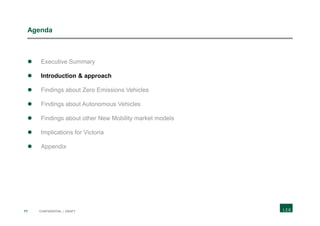 11 CONFIDENTIAL | DRAFT
Agenda
 Executive Summary
 Introduction & approach
 Findings about Zero Emissions Vehicles
 Findings about Autonomous Vehicles
 Findings about other New Mobility market models
 Implications for Victoria
 Appendix
 