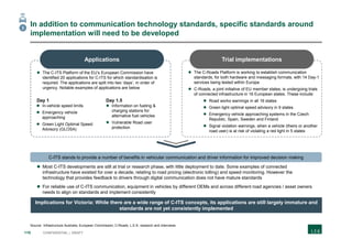 110 CONFIDENTIAL | DRAFT
In addition to communication technology standards, specific standards around
implementation will need to be developed
Applications
Day 1
 Information on fueling &
charging stations for
alternative fuel vehicles
 Vulnerable Road user
protection
Day 1.5
Trial implementations
C-ITS stands to provide a number of benefits in vehicular communication and driver information for improved decision making
 The C-ITS Platform of the EU’s European Commission have
identified 20 applications for C-ITS for which standardisation is
required. The applications are split into two ‘days’, in order of
urgency. Notable examples of applications are below
 In-vehicle speed limits
 Emergency vehicle
approaching
 Green Light Optimal Speed
Advisory (GLOSA)
 The C-Roads Platform is working to establish communication
standards, for both hardware and messaging formats, with 14 Day-1
services being tested within Europe
 C-Roads, a joint initiative of EU member states, is undergoing trials
of connected infrastructure in 16 European states. These include:
 Road works warnings in all 16 states
 Green light optimal speed advisory in 9 states
 Emergency vehicle approaching systems in the Czech
Republic, Spain, Sweden and Finland
 Signal violation warnings, when a vehicle (theirs or another
road user) is at risk of violating a red light in 5 states
 Most C-ITS developments are still at trial or research phase, with little deployment to date. Some examples of connected
infrastructure have existed for over a decade, relating to road pricing (electronic tolling) and speed monitoring. However the
technology that provides feedback to drivers through digital communication does not have mature standards
 For reliable use of C-ITS communication, equipment in vehicles by different OEMs and across different road agencies / asset owners
needs to align on standards and implement consistently
Source: Infrastructure Australia, European Commission; C-Roads; L.E.K. research and interviews
3
Implications for Victoria: While there are a wide range of C-ITS concepts, its applications are still largely immature and
standards are not yet consistently implemented
 