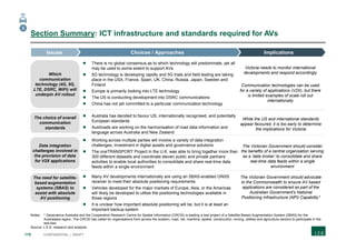 115 CONFIDENTIAL | DRAFT
Section Summary: ICT infrastructure and standards required for AVs
Implications
The Victorian Government should consider
the benefits of a central organisation serving
as a ‘data broker’ to consolidate and share
real-time data feeds within a single
environment
Choices / Approaches
 Working across multiple parties will involve a variety of data integration
challenges, investment in digital assets and governance solutions
 The oneTRANSPORT Project in the U.K. was able to bring together more than
300 different datasets and coordinate eleven public and private partners’
activities to enable local authorities to consolidate and share real-time data
feeds within a single environment
Issues
The Victorian Government should advocate
to the Commonwealth to ensure AV based
applications are considered as part of the
Australian Government's National
Positioning Infrastructure (NPI) Capability*
 Many AV developments internationally are using an SBAS-enabled GNSS
receiver to meet their absolute positioning requirements
 Vehicles developed for the major markets of Europe, Asia, or the Americas
will likely be developed to utilise the positioning technologies available in
those regions
 It is unclear how important absolute positioning will be, but it is at least an
important backup system
Victoria needs to monitor international
developments and respond accordingly
Communication technologies can be used
for a variety of applications (V2X), but there
is limited examples of scale roll out
internationally
 There is no global consensus as to which technology will predominate, yet all
may be used to some extent to support AVs
 5G technology is developing rapidly and 5G trials and field testing are taking
place in the USA, France, Spain, UK, China, Russia, Japan, Sweden and
Finland
 Europe is primarily looking into LTE technology
 The US is conducting development into DSRC communications
 China has not yet committed to a particular communication technology
While the US and international standards
appear favoured, it is too early to determine
the implications for Victoria
 Australia has decided to favour US, internationally recognised, and potentially
European standards
 Austroads are working on the harmonisation of road data information and
language across Australia and New Zealand
Notes: * Geoscience Australia and the Cooperative Research Centre for Spatial Information (CRCSI) is leading a test project of a Satellite-Based Augmentation System (SBAS) for the
Australasia region. The CRCSI has called for organisations from across the aviation, road, rail, maritime, spatial, construction, mining, utilities and agriculture sectors to participate in the
test-bed
Source: L.E.K. research and analysis
3
Which
communication
technology (4G, 5G,
LTE, DSRC, WiFi) will
underpin AV rollout
The choice of overall
communication
standards
Data integration
challenges involved in
the provision of data
for V2X applications
The need for satellite-
based augmentation
systems (SBAS) to
assist with absolute
AV positioning
 
