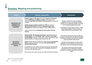 118 CONFIDENTIAL | DRAFT
Summary: Mapping and positioning
Source: L.E.K. research and interviews
a
Dynamic maps are 3D maps that combine dynamic information
such as traffic jams, accidents, vehicles in the vicinity of an
automobile with static information about structures like roads and
buildings
Satellite based navigation systems like GPS are important
absolute positioning technologies. Standards appear well
developed and receivers are capable of using multiple systems
There currently exists no standard for map creation and data
sharing
Despite investments to improve satellite
navigation accuracy, commercially available
systems are not sufficiently reliable or accurate
for AV absolute positioning purposes
A combination of both relative (sensors, LIDAR)
and absolute (satellite, cellular) will likely be
initially used for 3D map generation in AVs
Internationally, 3D mapping technology is generally being led by
private players, including Google, Uber, TomTom, Tesla, Baidu
and Here Maps. However, China and to a lesser extent the EU, have
placed restriction on mapping data collection and use
Japan has been the only jurisdiction to apply significant government
funds to advance mapping in its market via a partnership with
Dynamic Map Planning
No standards for map creation and data sharing exist internationally,
but this is under discussion. Austroads is investigating standards to
harmonise road data information
Governments may need to provide up to date road works information
The Victorian Government could consider the
formation of partnerships with data and mapping
companies to develop universal high resolution
maps and location data services
A handful of private players are likely to take
leadership with the collection and provision of
map data as crowd sourcing becomes possible
The Victorian Government should monitor
development of any international mapping
standards and support Austroads harmonisation
efforts
Approaches to 3D
mapping for AV
technology and
positioning
The extent of
Government
involvement in 3D
mapping
ImplicationsChoices / ApproachesIssues
4
 