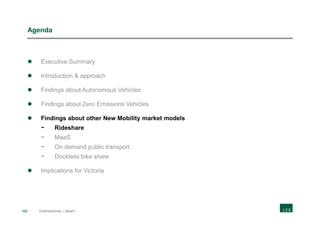 121 CONFIDENTIAL | DRAFT
Agenda
 Executive Summary
 Introduction & approach
 Findings about Autonomous Vehicles
 Findings about Zero Emissions Vehicles
 Findings about other New Mobility market models
- Rideshare
- MaaS
- On demand public transport
- Dockless bike share
 Implications for Victoria
 