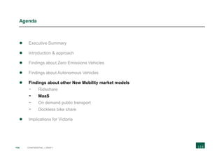 134 CONFIDENTIAL | DRAFT
Agenda
 Executive Summary
 Introduction & approach
 Findings about Zero Emissions Vehicles
 Findings about Autonomous Vehicles
 Findings about other New Mobility market models
- Rideshare
- MaaS
- On demand public transport
- Dockless bike share
 Implications for Victoria
 