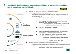 145 CONFIDENTIAL | DRAFT
In Auckland, RideMate brings transport stakeholders to one platform, enabling
them to coordinate more efficiently
Coordination
Transport
accessibility
Mobility suppliers
Government
 Displays live travel times, informing of delays and congestion
 Users compare and select their optimal option
“Loved that the one app could tell me what the prices were for different taxi companies and
how long each would take.”
RideMate App User, February 2018
 Enables data to be collected and used for transport planning
“The data has provided valuable insight into our operational performance across both our assets
and processes”
Mark Croudace, Auckland Airport Operations, February 2018
Benefits
 Four language options provides transport information to a
larger user base, particularly tourists
- Auckland International Airport had 19m visitors in 2017
and anticipates this to increase to 40m by 2044
 The app is free and easy to download
 As the app is developed independently by the Government,
suppliers have a greater incentive to participate
 The ability to offer in-app rewards and discounts allows
mobility suppliers to reach new customers
“The ability to see all companies in one place helped me make a
smart choice.”
RideMate App User, March 2018
Source: NZTA; Apple; Technative; L.E.K. research
 