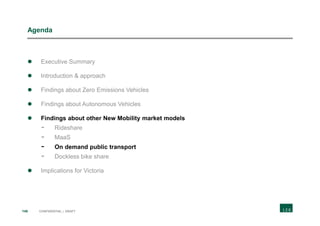 148 CONFIDENTIAL | DRAFT
Agenda
 Executive Summary
 Introduction & approach
 Findings about Zero Emissions Vehicles
 Findings about Autonomous Vehicles
 Findings about other New Mobility market models
- Rideshare
- MaaS
- On demand public transport
- Dockless bike share
 Implications for Victoria
 